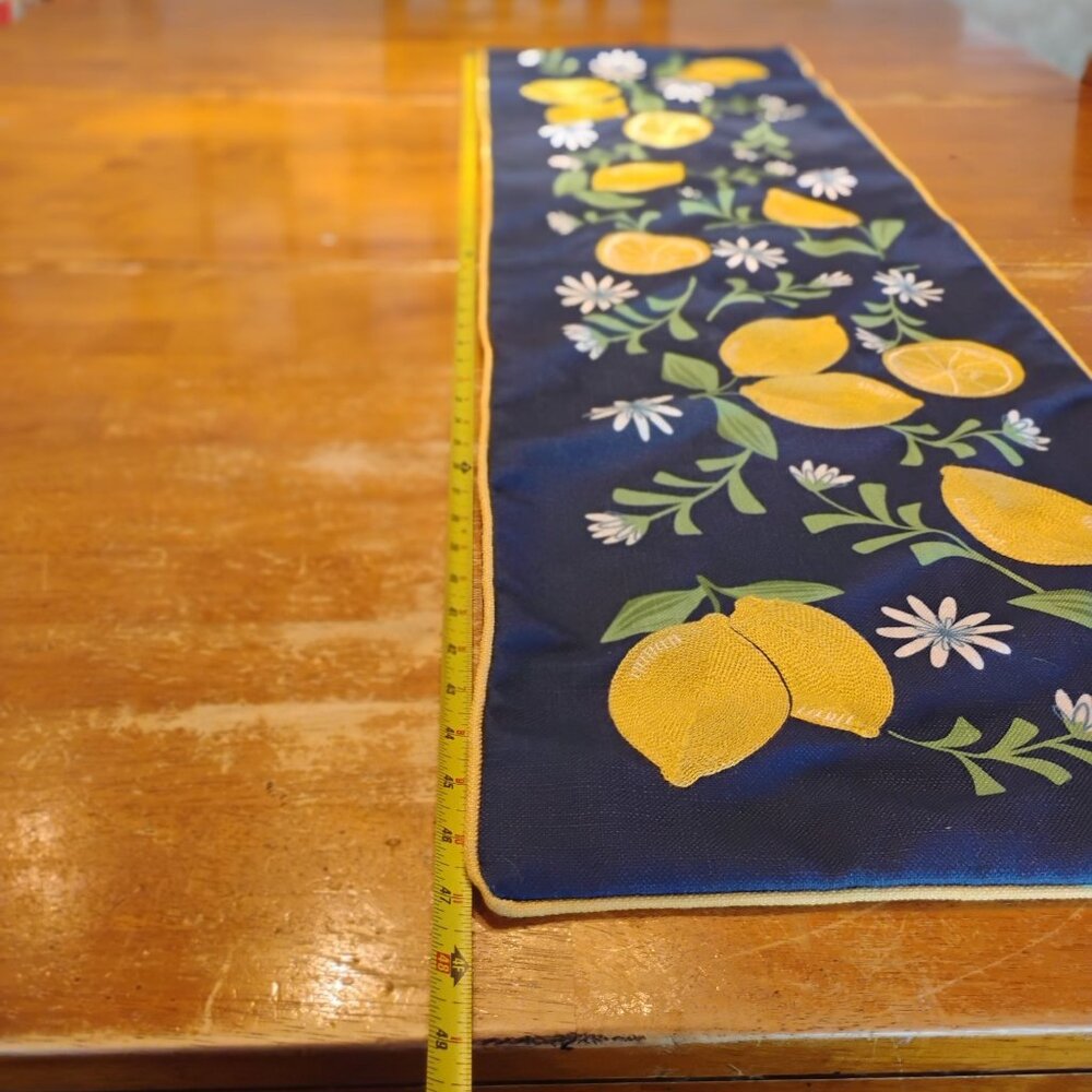Embroidered Lemons & Daisies Table Runner Blue Background Nautica Home 48"x14" - Picture 6 of 9
